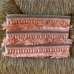 Anthropologie Clutch Straw Peach Orange Fringed Beaded Boho Resort cosmetic Bag